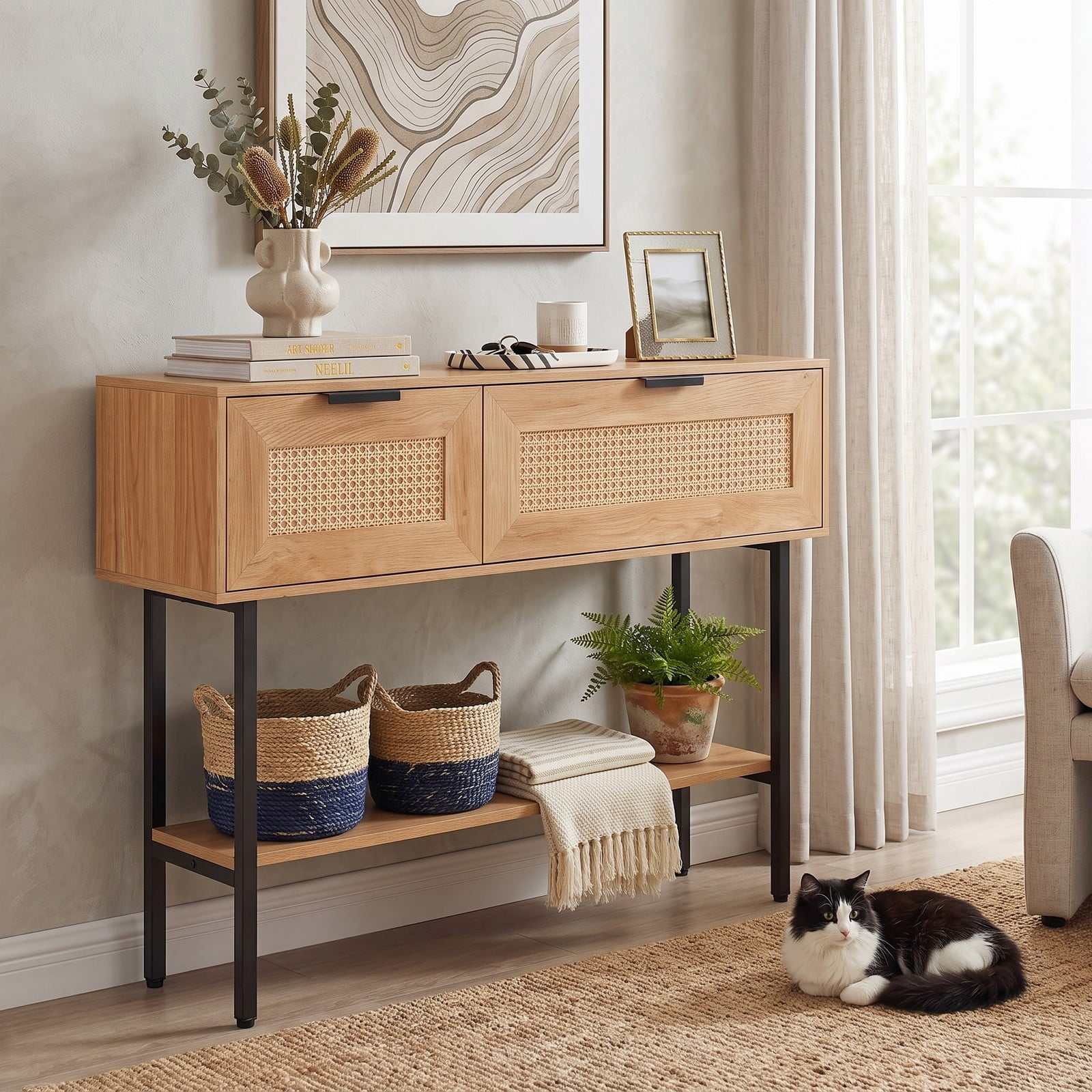 Furnibear Rattan Console Table with 2 Storage Drawers and Open Shelf and Carbon Steel Frame for Entryway and Hallway, Natural
