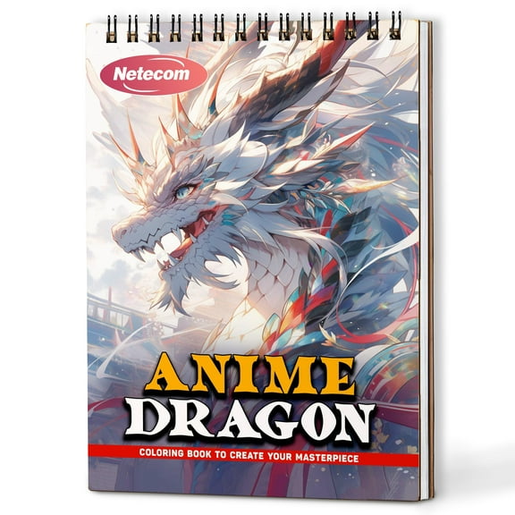 Netecom Anime Dragon Coloring Book Spiral Bound For Adults, A5 Wooden Cover, 30 Magical Coloring Pages in Fantasy Anime Worlds for Stress Relief and Relaxation