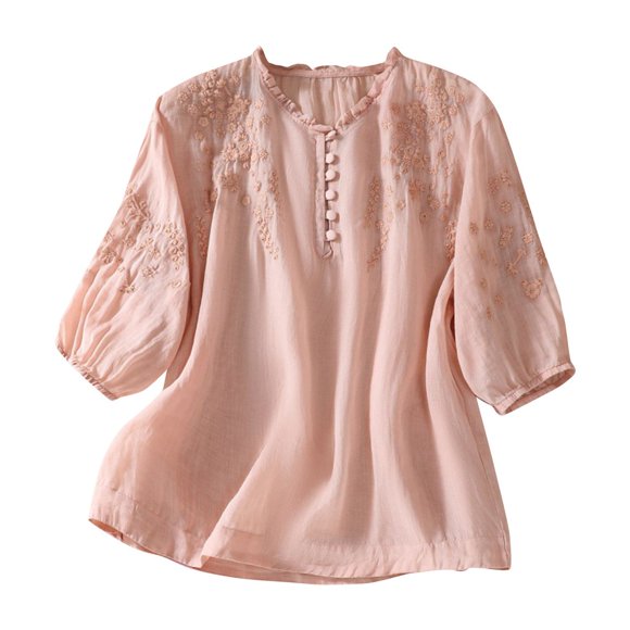 CHOK Womens Tops Dressy Casual 2024 Cotton Linen Solid Color Shirts Mexican Embroidered Peasant Blouses Short Sleeve Turndown Collar T Shirts Hawaiian Beach Comfy Breathable Tops