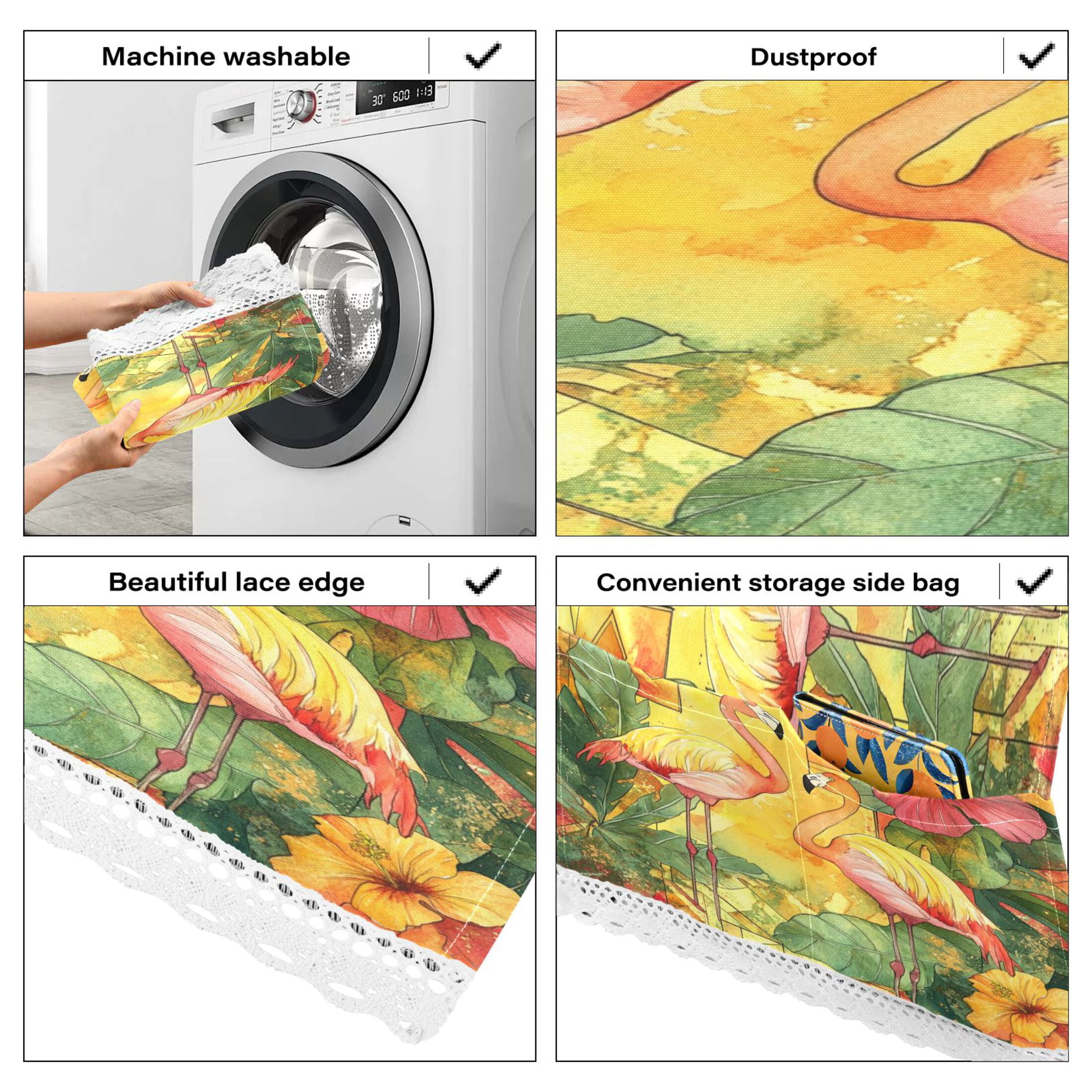 Washing Machine Cover 51.2x22in, Durable Polyester Dust Cover with Lace Trim and Side Pocket for Appliances Watercolor Flamingo