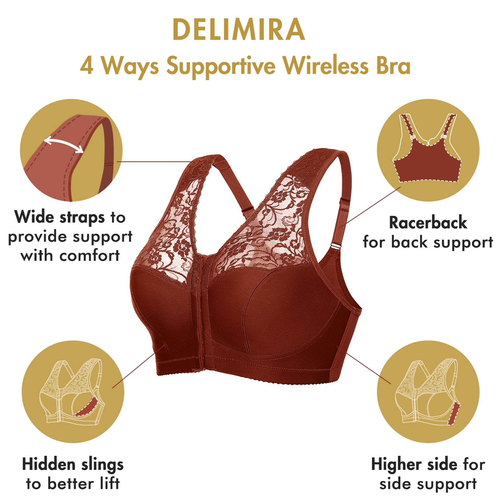 DELIMIRA Women's Front Closure Bras Racerback No Underwire Plus Size Full Coverage Lace Bra