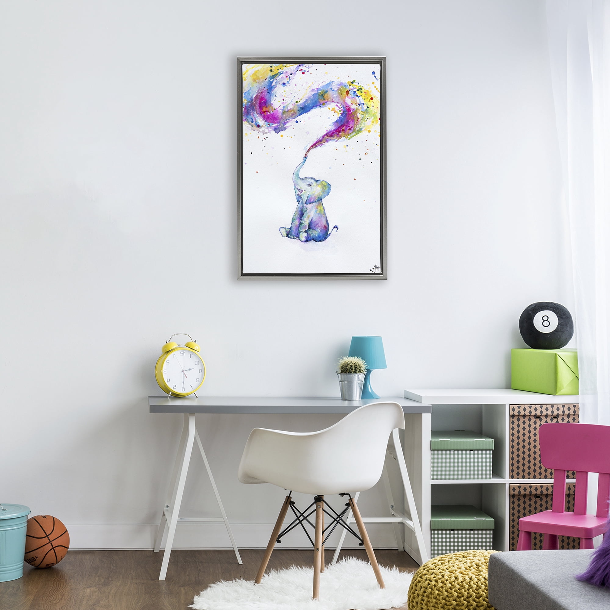 Stupell Industries Spring Elephant & Paint Splatter Gray Framed Floater Canvas Wall Art, design by Marc Allante