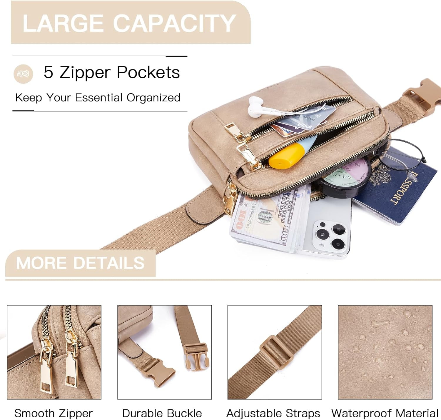 Fanny Packs for Women Cross Body Bag Leather Belt Bag Fashionable Waist Bag with Adjustable Strap Beige Brown