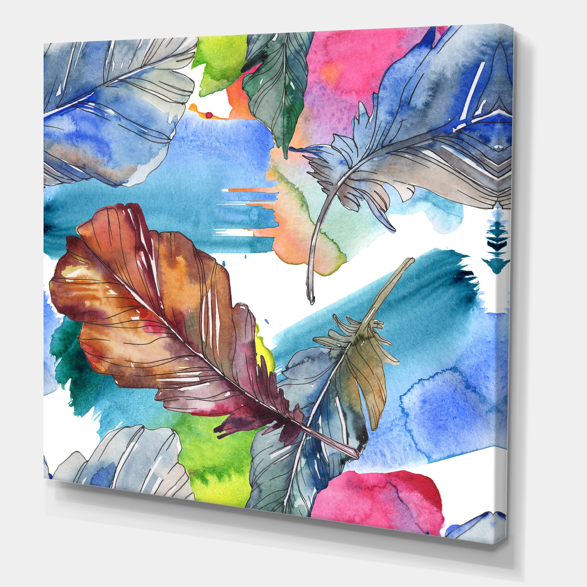 Designart ' Bird Feather In Pink and Blue ' Traditional Canvas Wall Art Print
