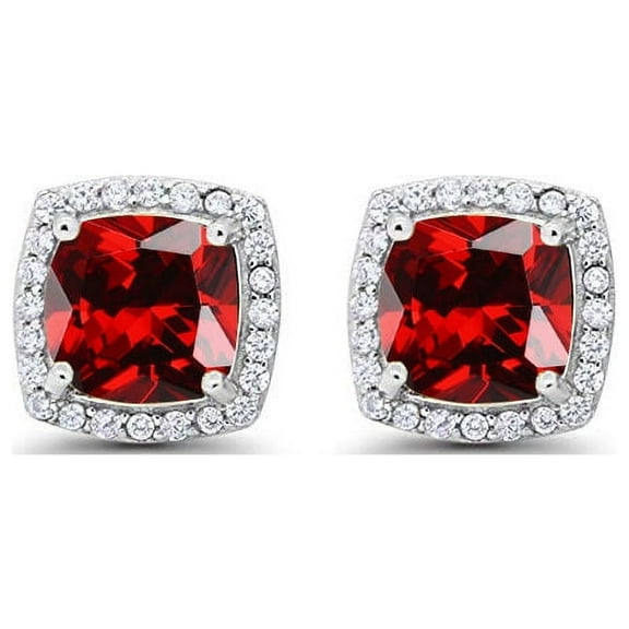 Paris Jewelry 18k White Gold 1 Ct Created Halo Princess Cut Garnet Earrings Plated