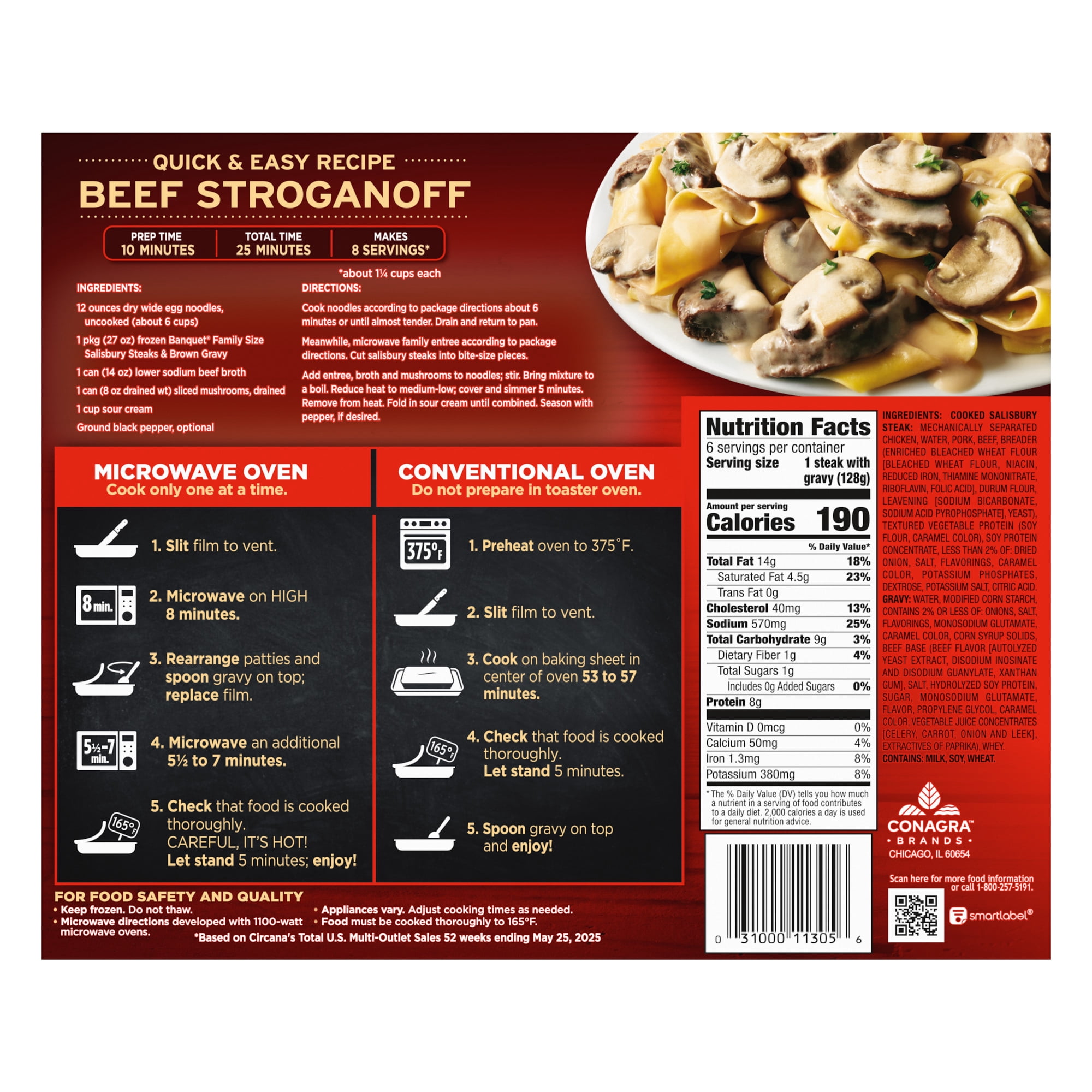 Banquet Family Size Salisbury Steaks and Brown Gravy, 8g Protein per Serving, Frozen Meal, 27 oz.