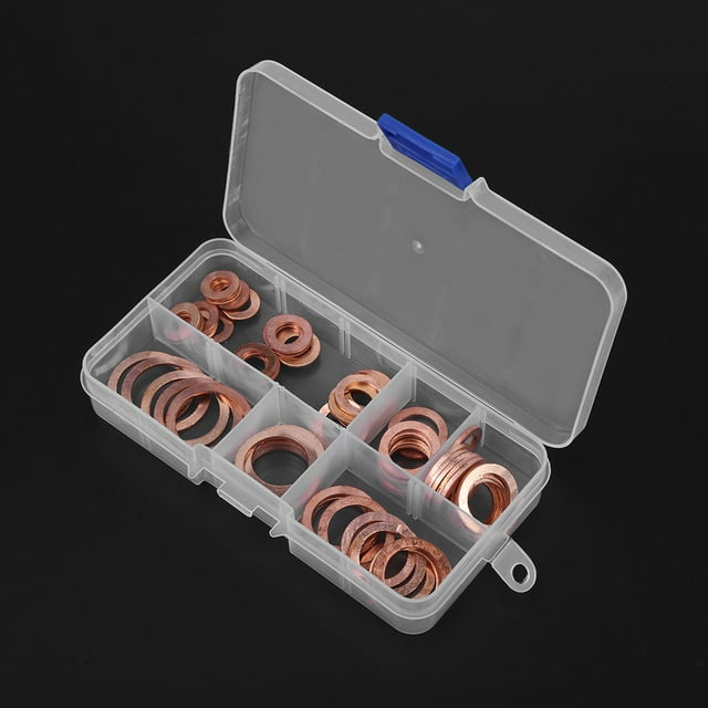 Peahefy 80pcs Solid Copper Sump Plug Assorted Washers Metal Kit Garage Engine Set with Box, Copper Washer Kit, Flat Ring Washers