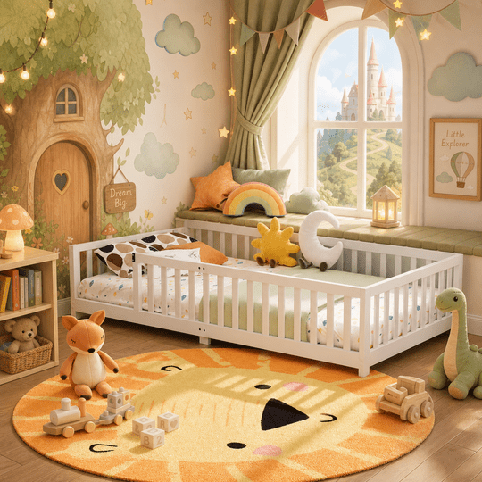 Twin Size Floor Bed with Door and Fence, Aiho Montessori Floor Bed with Slats and Safety Guardrails, Solid Wood Twin Bed Frame for Bedroom - White