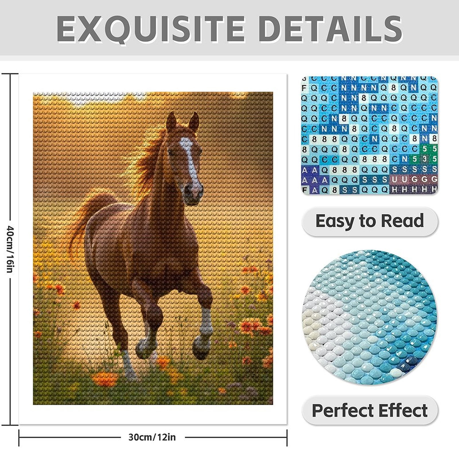 Diamond Art Kit for Adults, Sunlit Horse Running Meadows Diamond Painting for Adults Beginners, DIY Diamond Art Painting Kits, 5D Diamond Painting Crafts for Home Decor 12x16 Frameless
