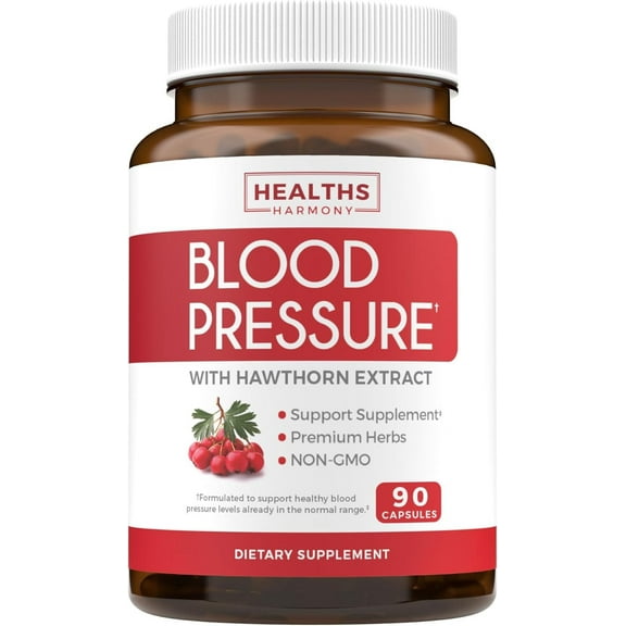 Healths Harmony Blood Pressure Support Supplement with Hawthorn Berry Extract, 90 Capsules