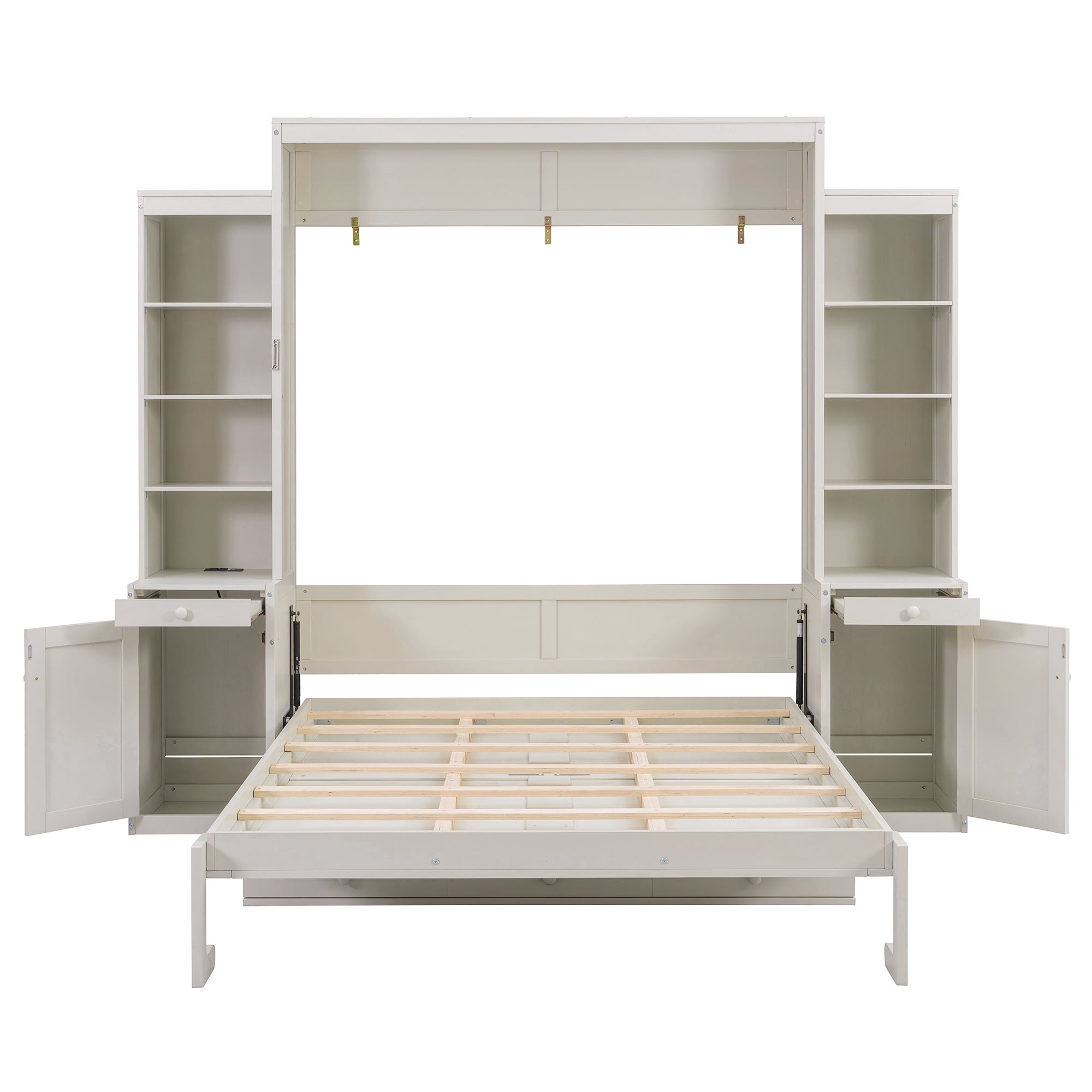 Mintazer Queen Murphy Bed with Desk, Charge Station, Drawers and Storage Shelves, Convertible Wood Wall Platform Bed with Cabinets for Bedroom, White