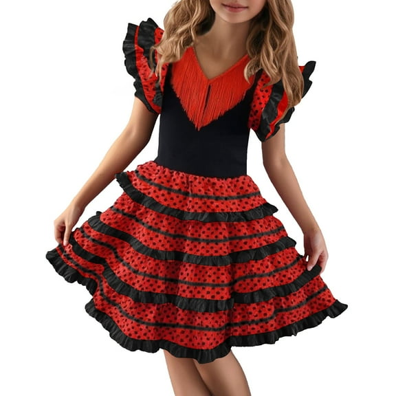 Girls Spring Summer Floral Dress Spanish Dance Dress Dance Dress Ballet Dress For Flowy Dresses 6-7 Years