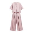 thumbnail image 5 of Vhkiploz 2Pcs Plus Size Summer Suit Sets for Women's Crew Neck 3/4 Sleeve Button Down Top with Wide Leg Pleated Pants Solid Daily Outdoor Outfit Sets, 5 of 5