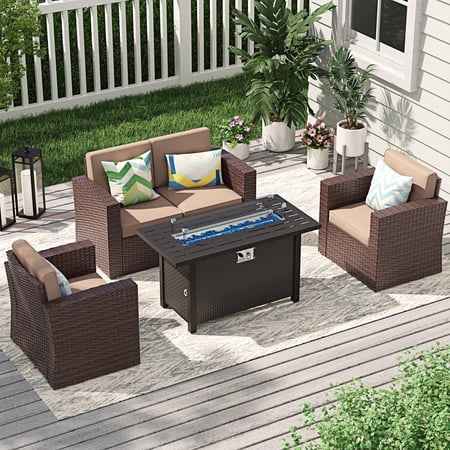 JOIVI 4 Piece Patio Furniture Set with 45 Inch Fire Pit Table, Outdoor Conversation Set with Patio Sofa and 50,000 BTU Gas Fire Pit for Garden, Deck, Backyard, Parties, Brown