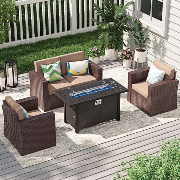 JOIVI 4 Piece Patio Furniture Set with 45" Fire Pit Table, Outdoor Conversation Set with Patio Sofa and 50,000 BTU Gas Fire Pit for Garden, Deck, Backyard, Parties, Brown