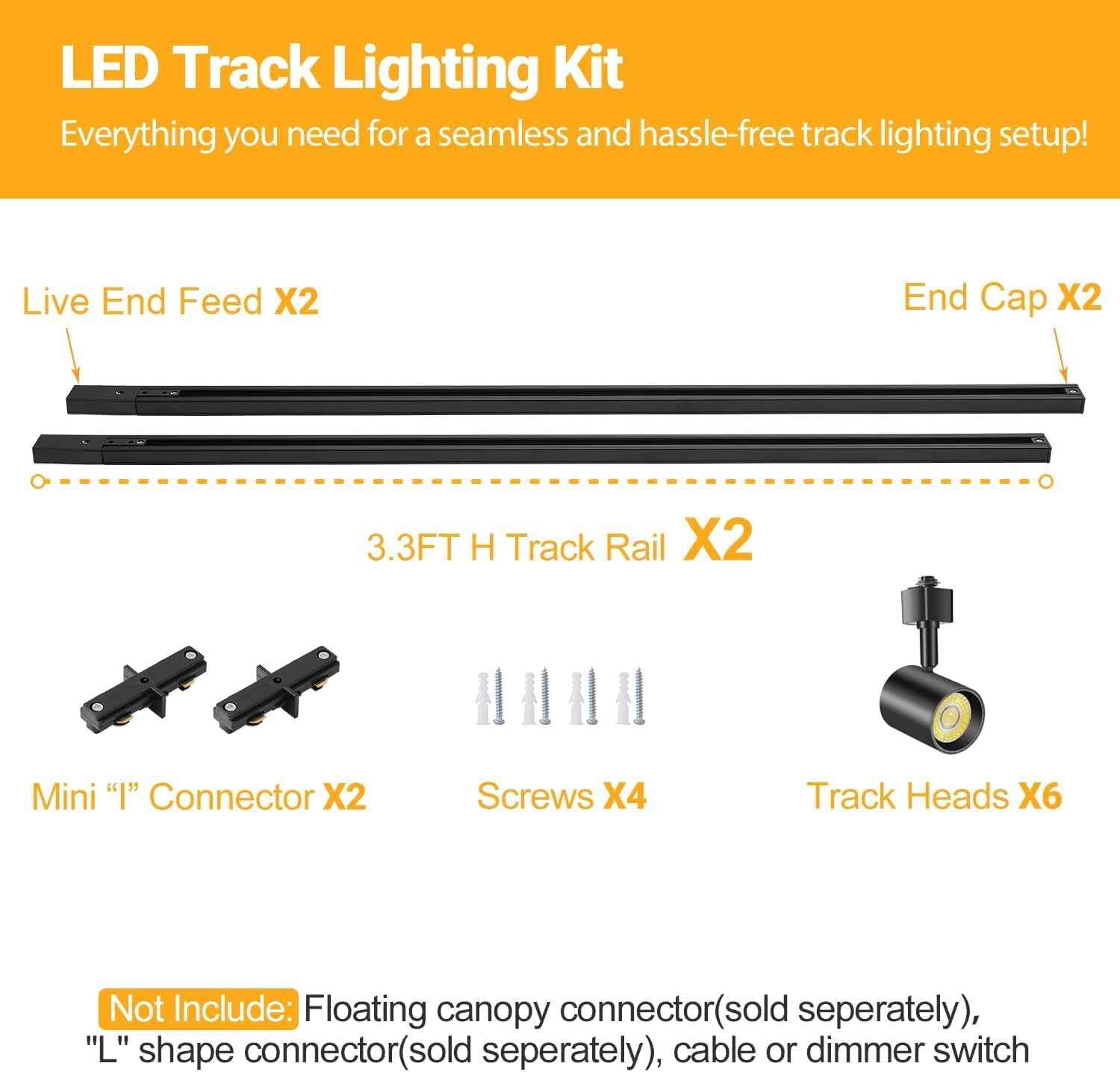 VANoopee 5-Color 6-Light LED Track Lighting Kit with 6.6FT H Type Track Lighting Rail, LED Track Light Heads Dimmable Modern Kitchen Track Lighting Fixtures Ceiling Spotlight, CRI90+ 10W 800lm Black