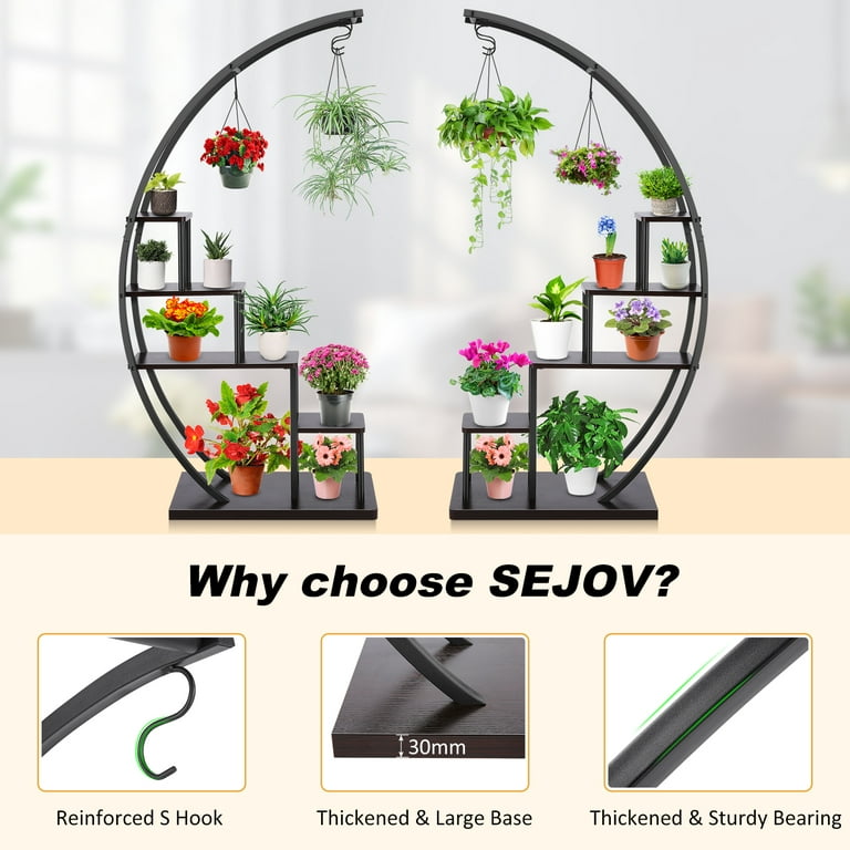 SEJOV 5 Tier Plant Stand for Indoor Plants Half Moon Shape Plant Shelf with Hanging Hook Multiple Planter Display for Home Decor Living Room Balcony
