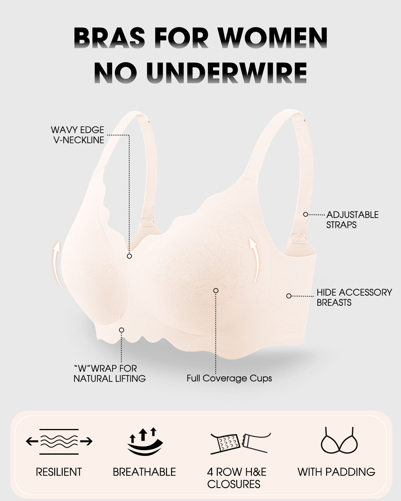 USEASY Seamless Bras for Women No Underwire Wireless Full Coverage Push Up Bralette Comfort Scalloped T-Shirt Bra