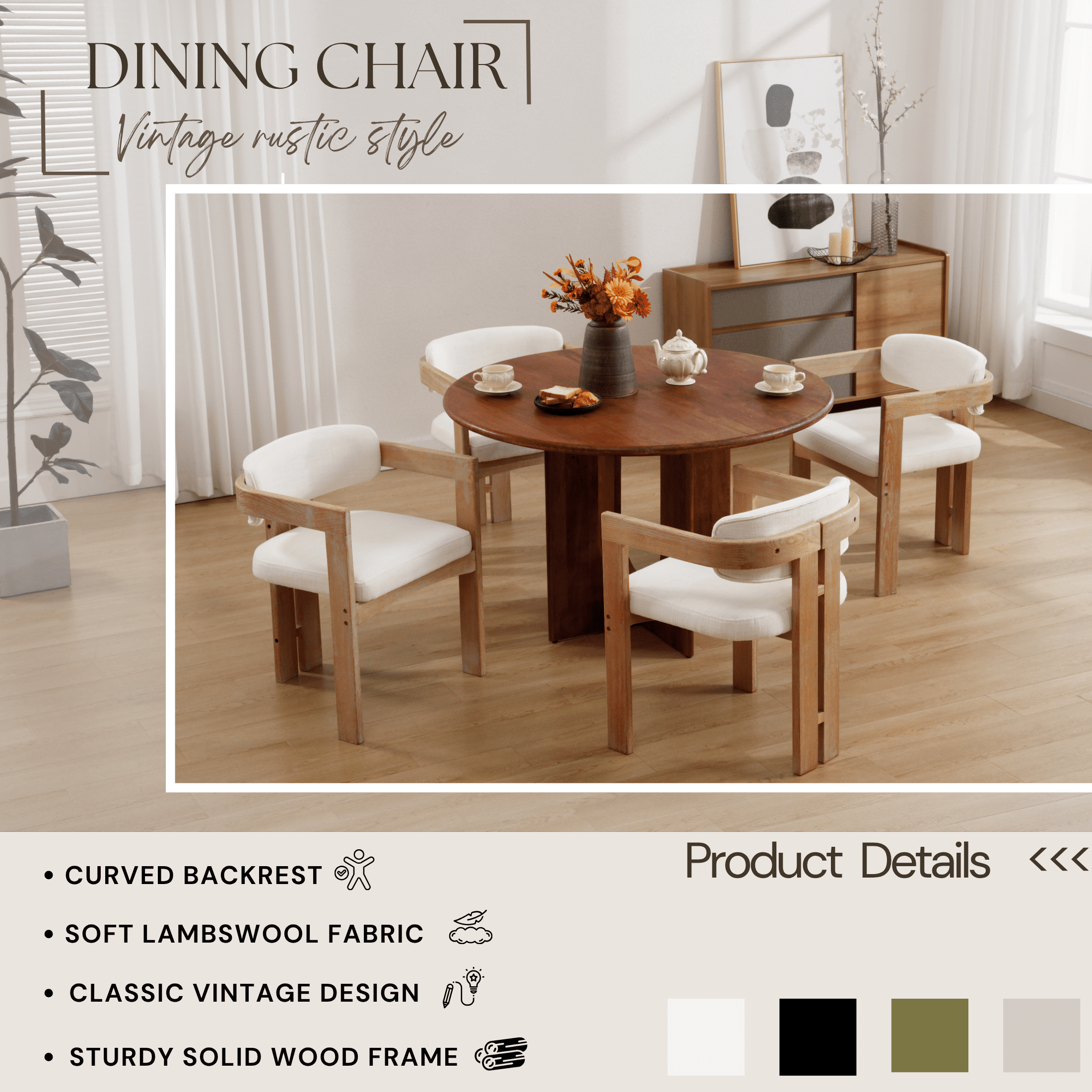 Guyou Linen Dining Chairs - Set of 6, 24" Wide Barrel Back Armchairs for Dining Room & Kitchen, Modern Curved Back Chairs with Black Wood Frame, Beige