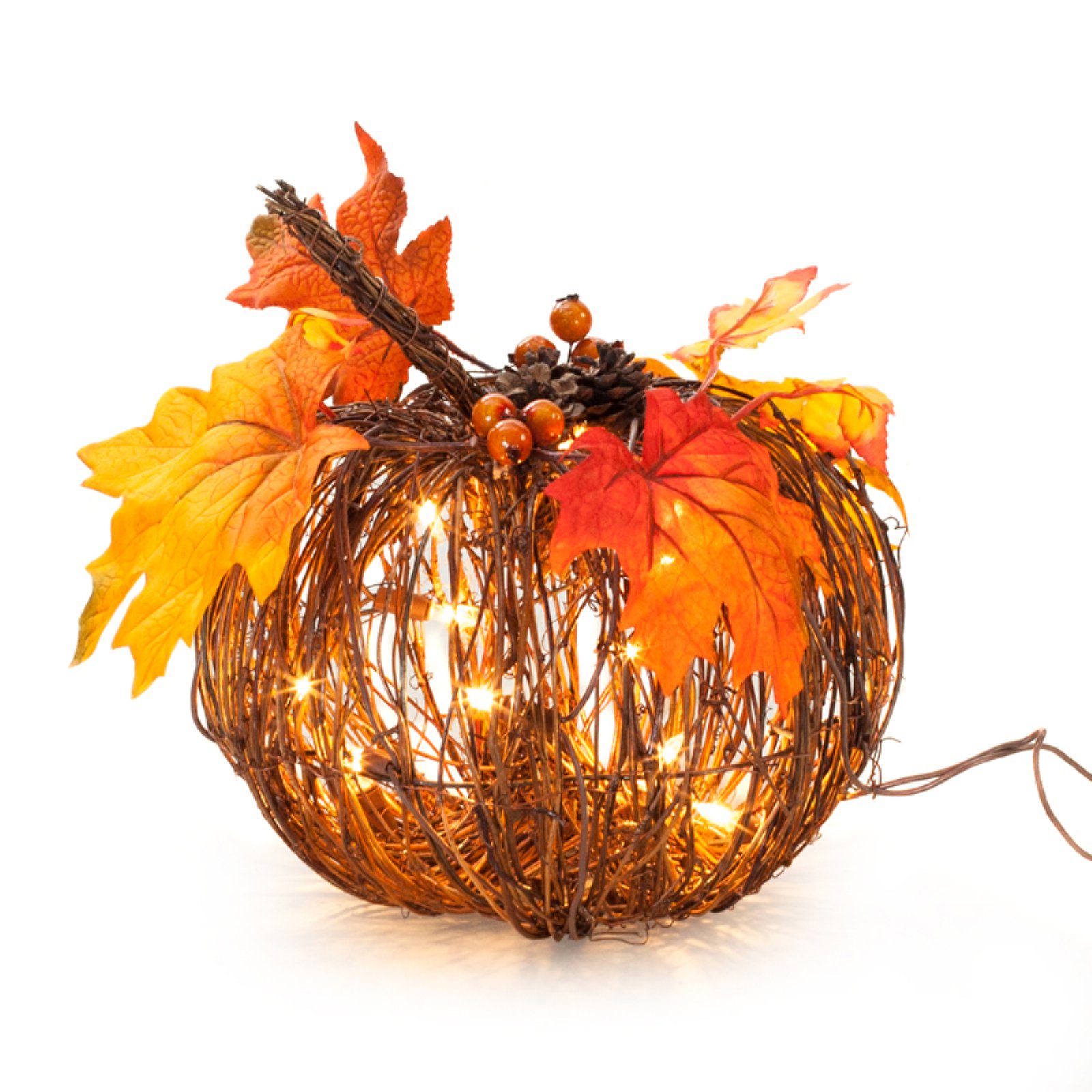 Lighted Twig Pumpkin with Leaves