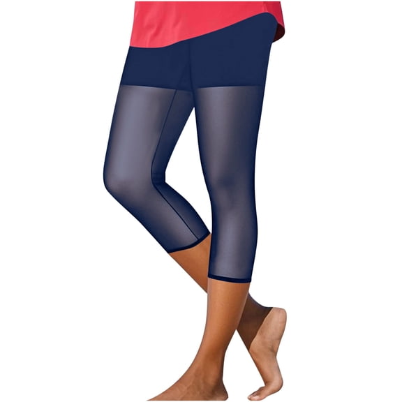 Kvture Capris for Women Sheer Mesh Patchwork High Waisted Leggings Stretchy Casual Summer Cropped Workout Yoga Pants Navy M