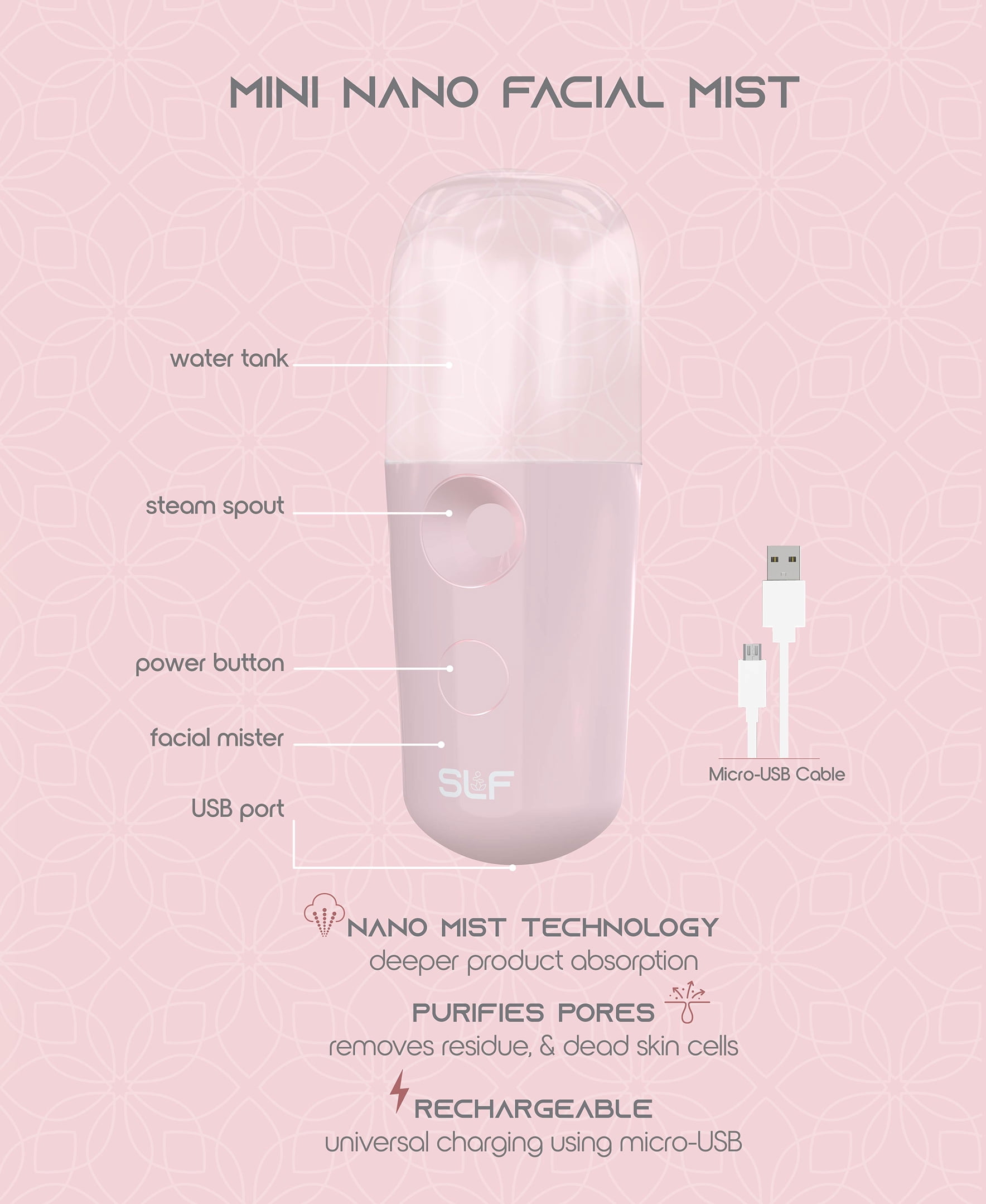 SLF Mini Nano Facial Mister, Rechargeable Face Mist Steamer, Pink, 1.5 in x 3.8 in