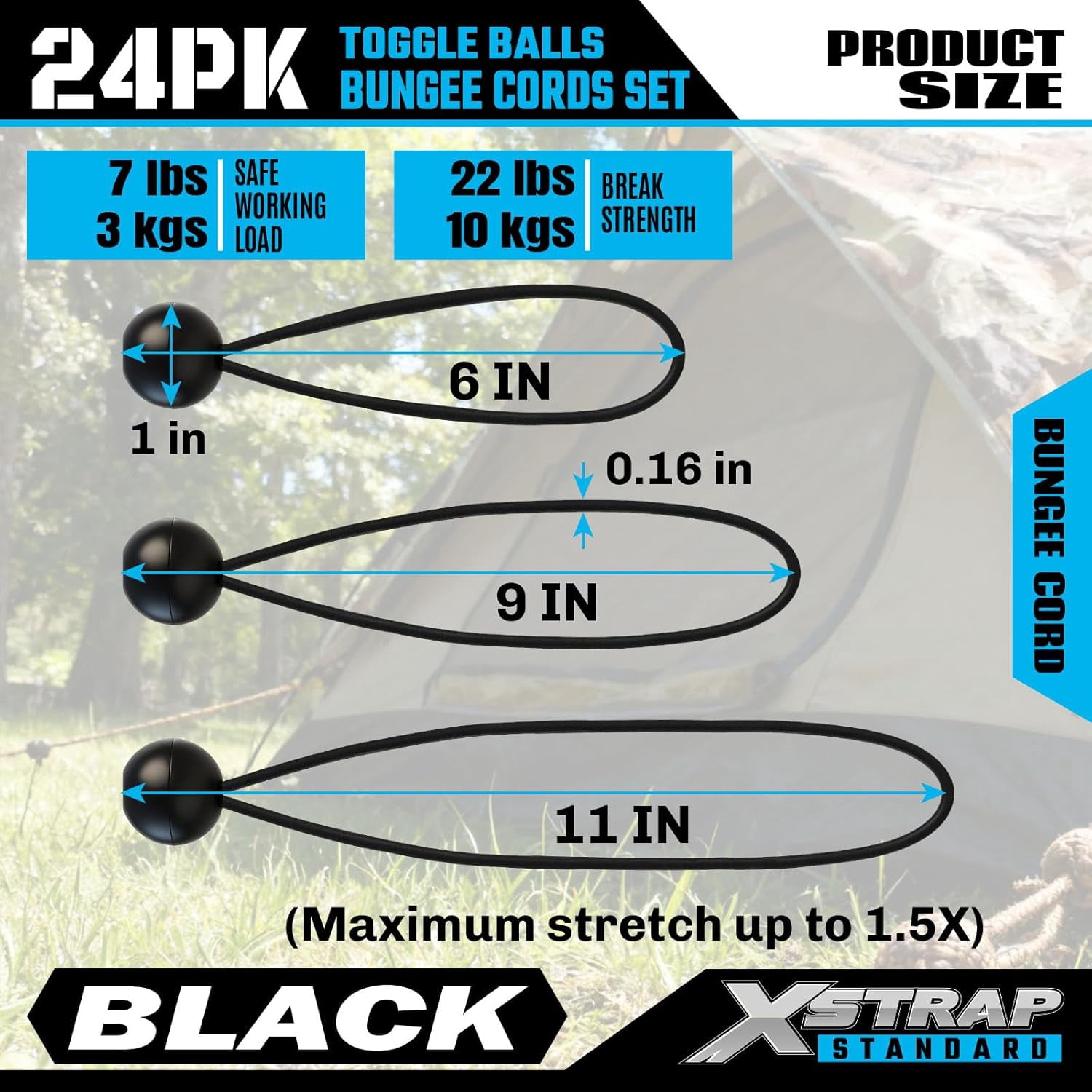 MKEUDQ-24 Pieces Multisize Ball Bungee Cords with Elastic String for Canopy, Tarp, Straps, Tent and Wires, 6, 9, 11 Inch Tarp Canopy Bungee Balls, Black