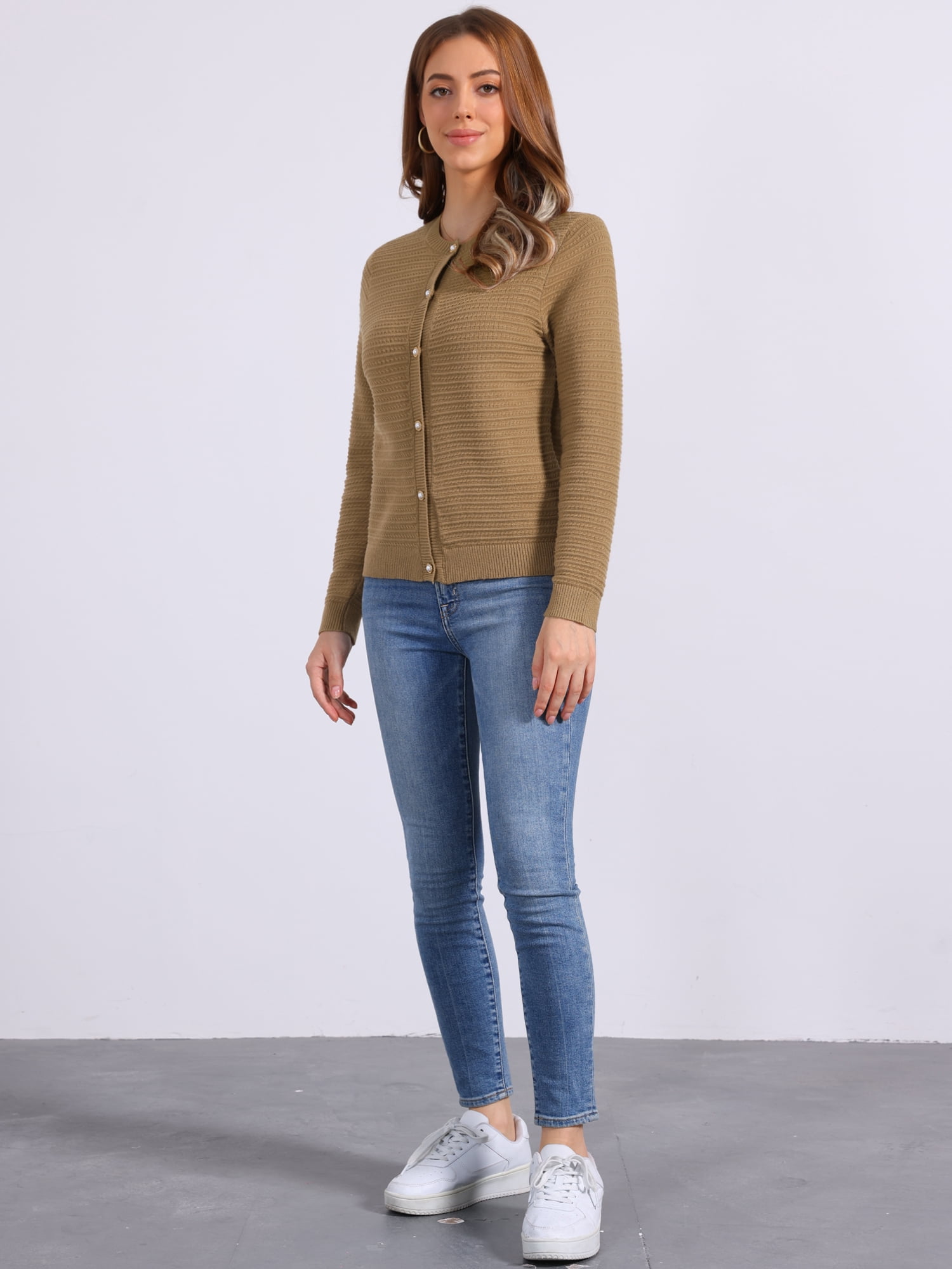 DARING DIVA Women's Crew Neck Long Sleeve Open Front Button Down Cardigan XL Brown