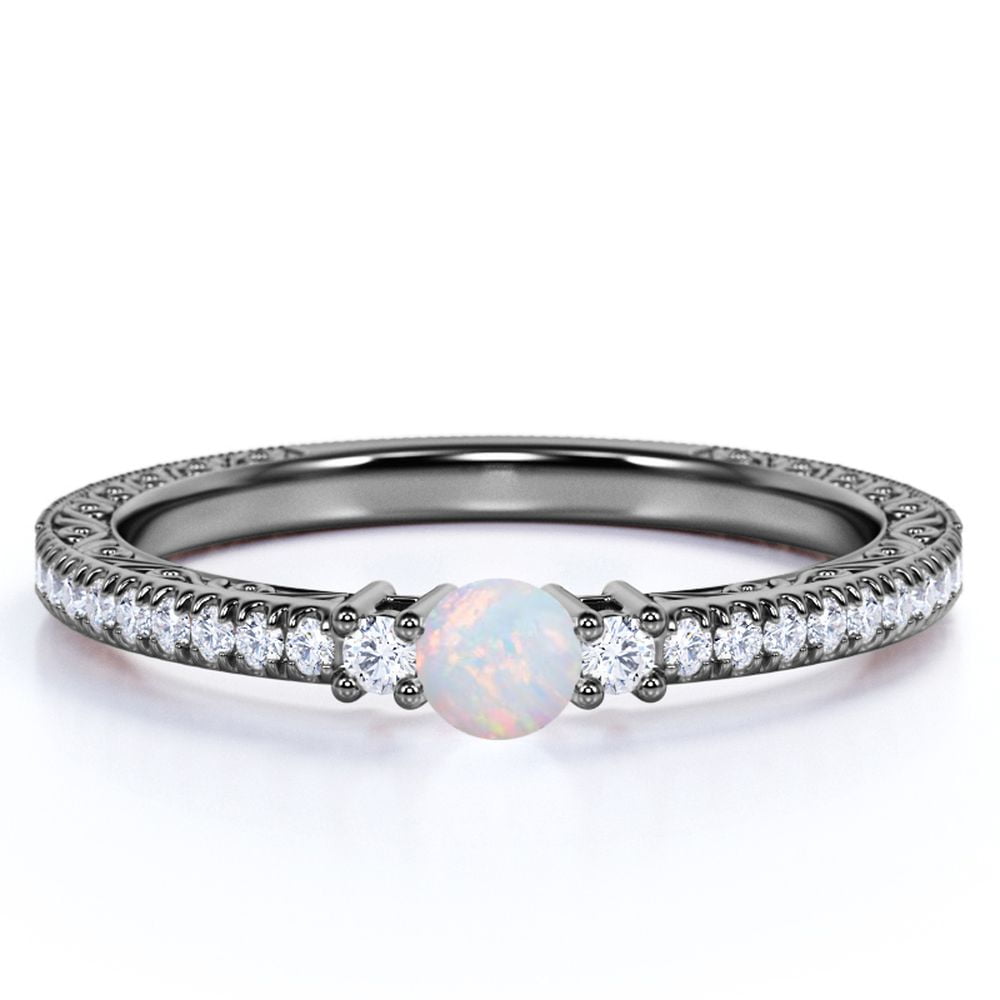 JeenMata 1 ct Round Natural Purple Opal Petite Handmade Promise Ring in 18k Gothic Black Gold over Silver