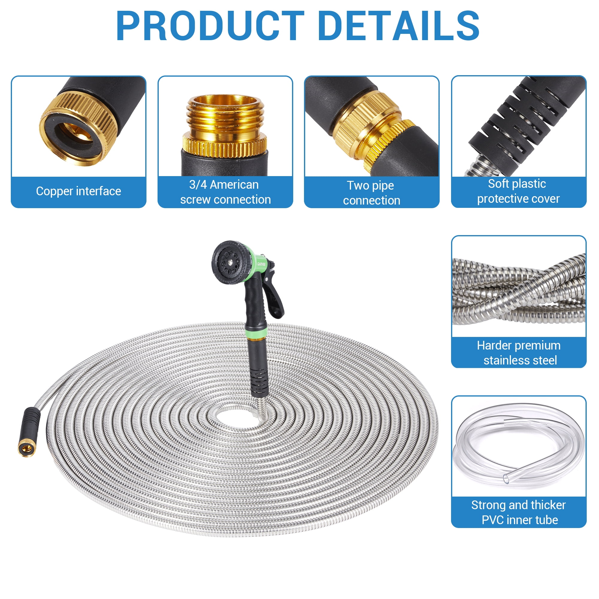 75 ft Stainless Steel Garden Hose with 10-Function Sprayer Nozzle, Rust-Proof, Lightweight, Leak-Proof Connectors – Ideal for Yard, Car Wash, RV, Pet Bathing – American Standard