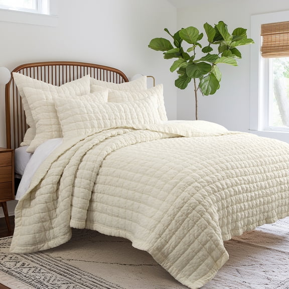 Levtex Home - Whisper Cream Quilt Set - Full/Queen Quilt (88x92in.) and 2 Standard Shams (20x26in.) - Textured Grid - Cream - Reversible - Cotton