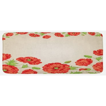 Floral Kitchen Mat, Illustration of a Card Poppy Flowers Floral Arrangement Pattern Art, Plush Decorative Kitchen Mat with Non Slip Backing, 47" X 19", Red and Beige, by Ambesonne