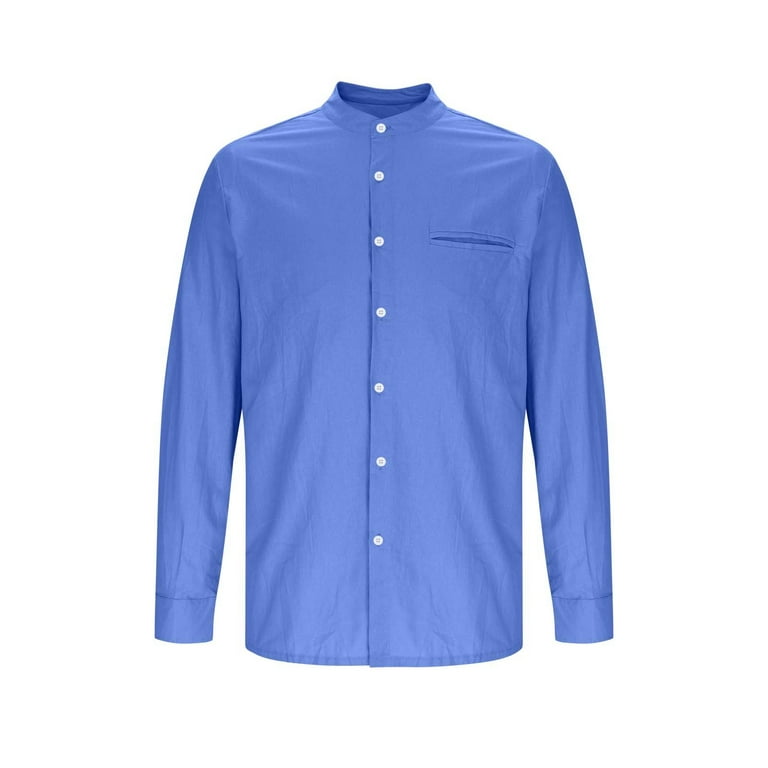 Men's Shirts Linen Long Sleeve Casual Shirt Collarless Standing Collar  Summer Top Casual Button-Down Shirts with Pocket - Walmart.com