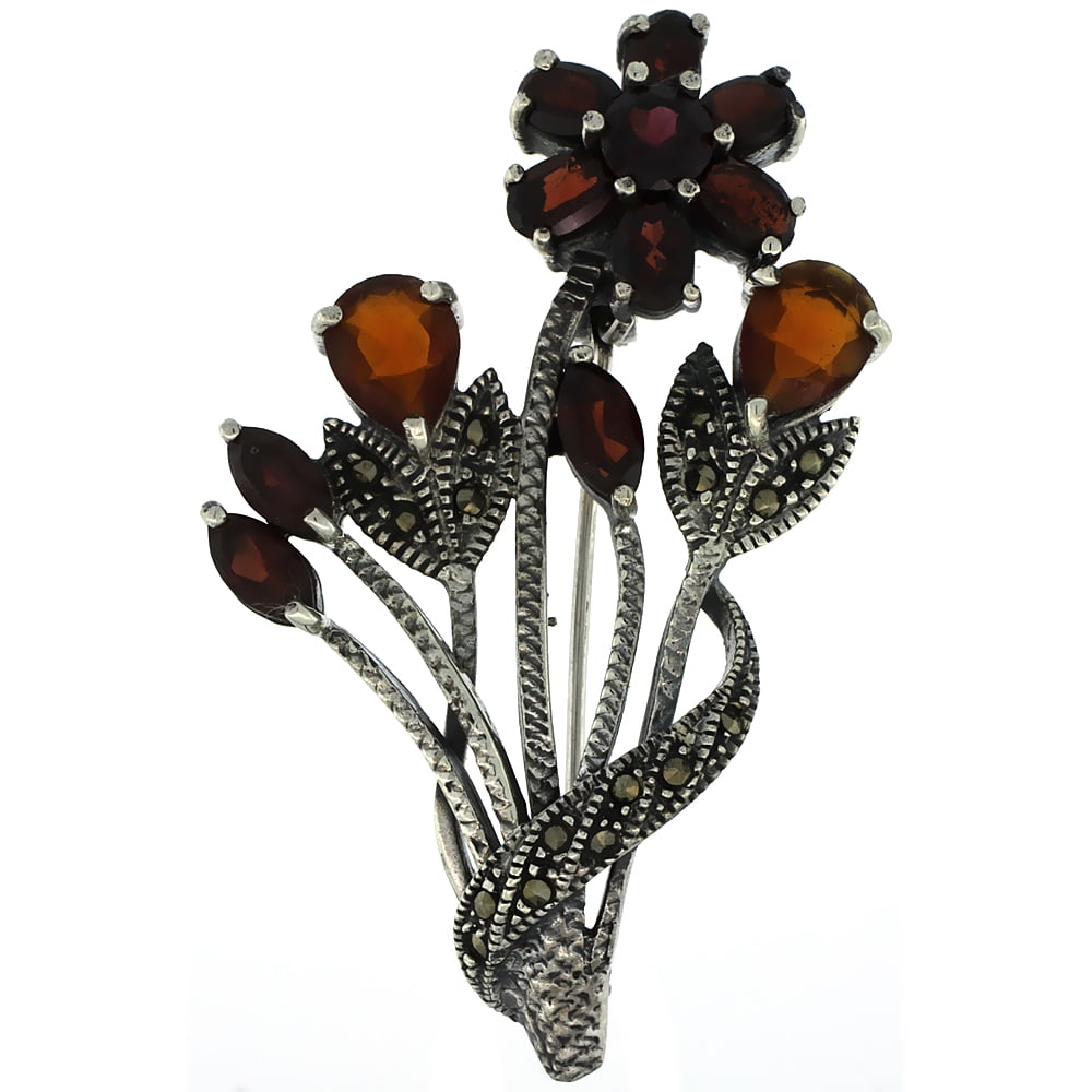 Sterling Silver Marcasite Flower Cluster Brooch Pin w Round, Pear, Oval & Marquise Cut Garnet Stones, 2 1 4 inch (57... by WorldJewels