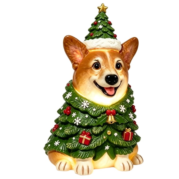 Christmas Tree Corgi Figurine, LED Resin 7.9 Inch Tabletop Light, Christmas Decorations Indoor Decor for Table Shelf Entryway