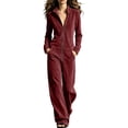 thumbnail image 2 of Elvqul Womens Athletic Jumpsuit Velour Zip Up Stand Collar Long Sleeve Wide Leg with Front Zipper Side Pockets Ribbed Cuffs Sporty Casual One Piece Activewear Streetwear, 2 of 7
