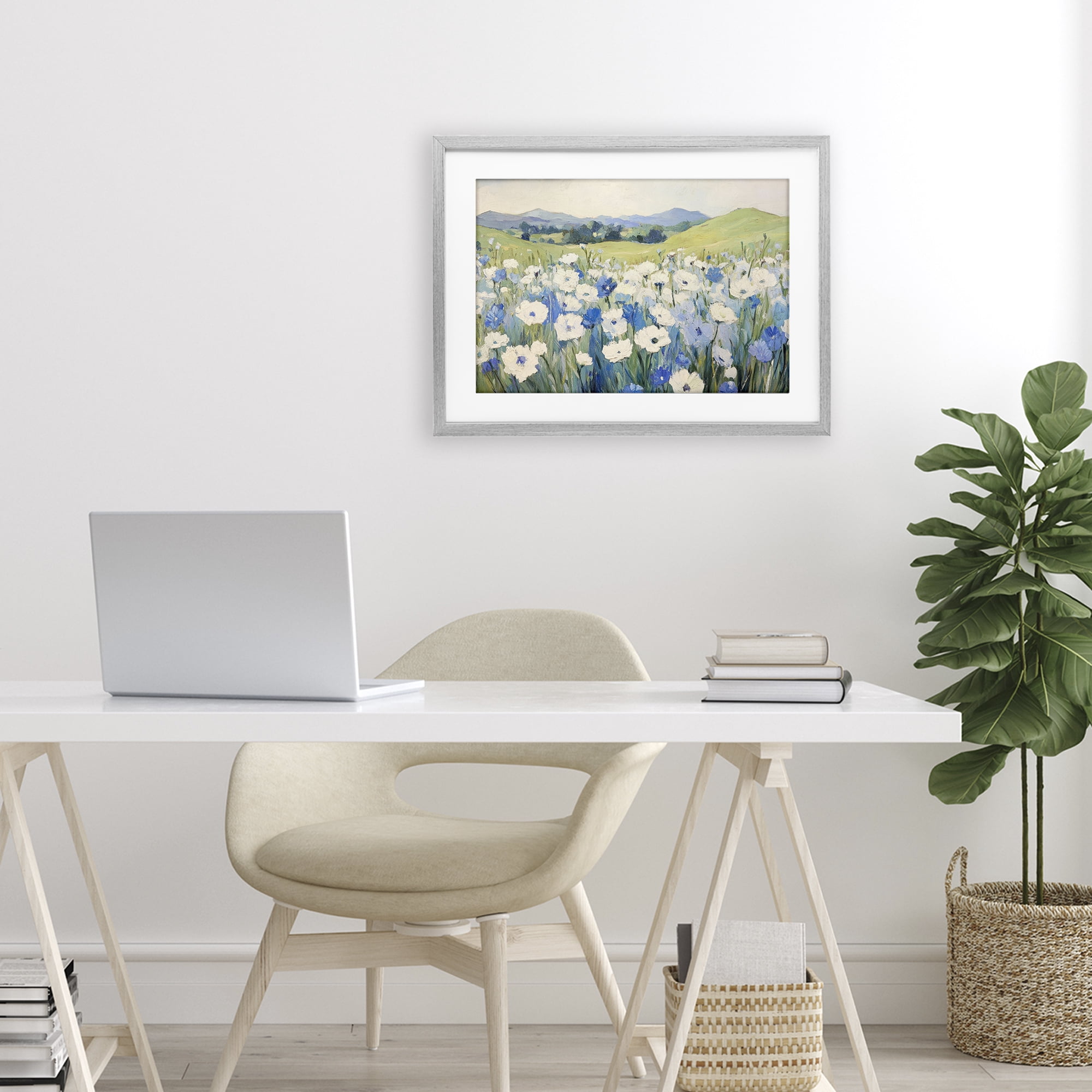 Stupell Industries Blue & White Daisies Gray Framed Print Under Glass, design by Petal Prints Design