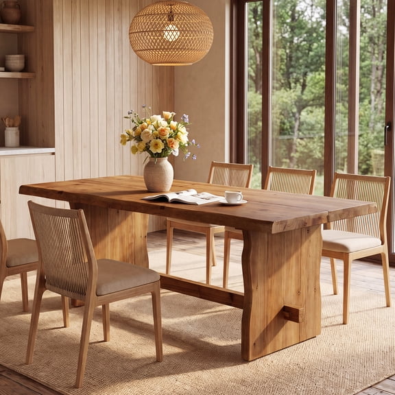 63" Solid Wood Dining Table with Live-Edge Top & Panel Legs, Farmhouse Table Seats 4-6