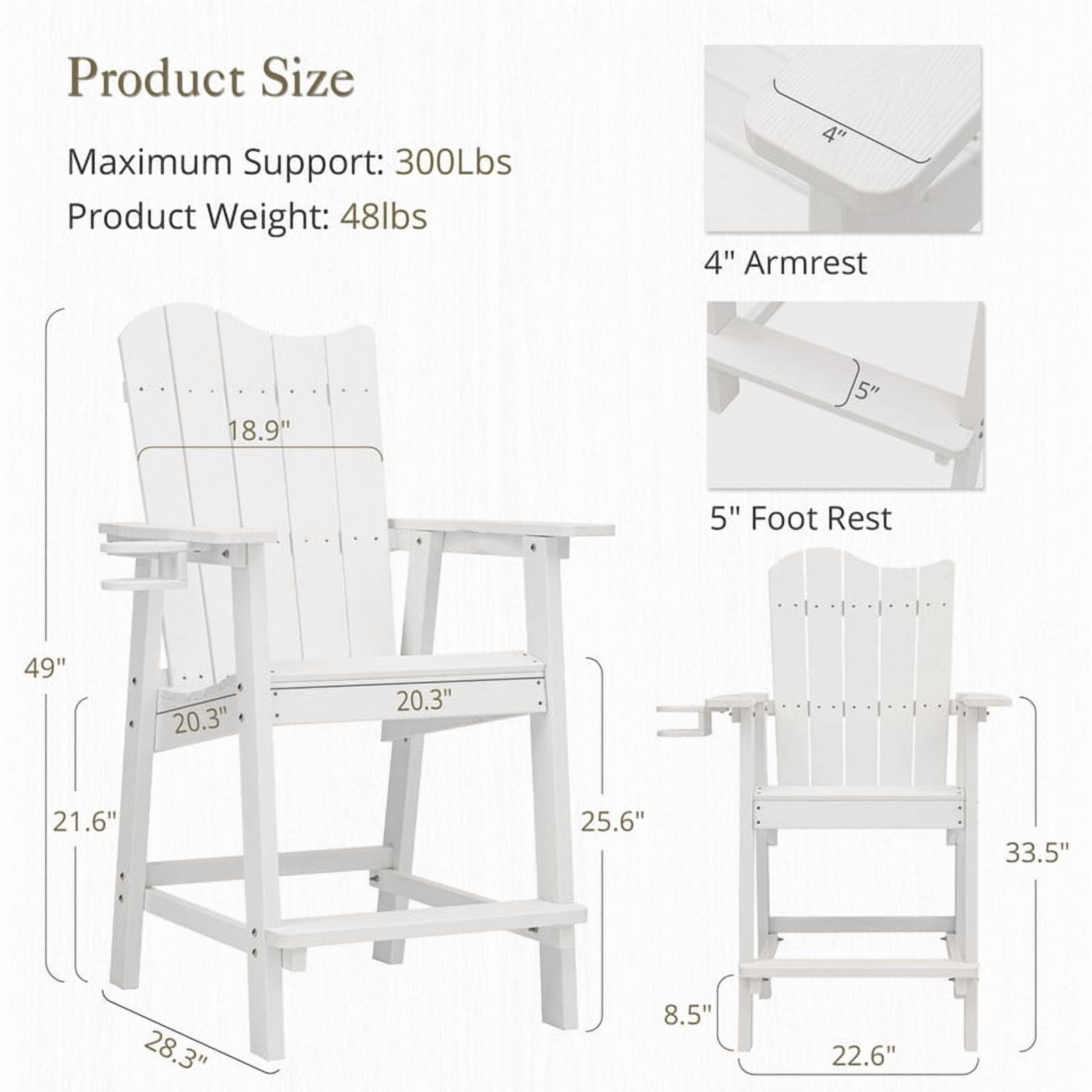 Dycanpo 25.6'' Tall Adirondack Chair with Cup Holder,All-Weather Outdoor Bar Stools,HDPS-White