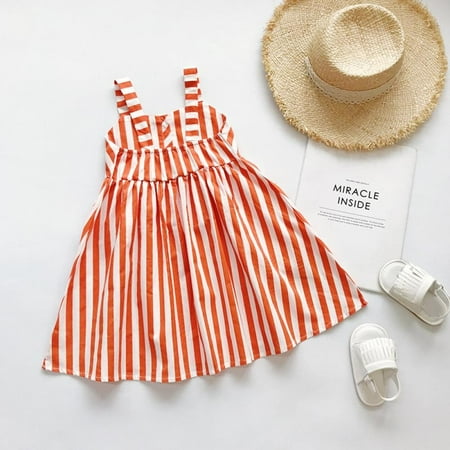 

Clearance!Kids Dresses Girls Sweet Cotton Flower Shirt Short Summer Cute Cartoon Stripes Print Sleeveless Sling Sweet Princess Dress
