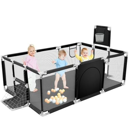 Baby Playpen 71 Inch Extra Large Baby Playard With Basketball Hoop and Breathable Mesh Children Kids Play Fence for Indoors Outdoors Black