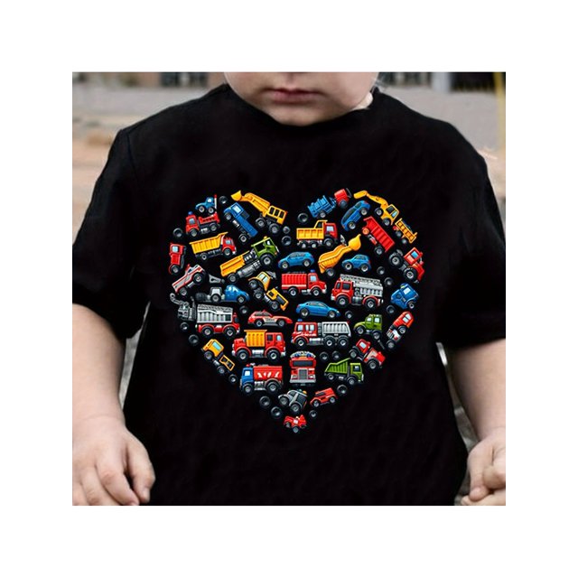 Valentine'S Dayboys' Cotton T-shirt Love and Car Print For Comfortable and Casual Round Neck Short Sleeves