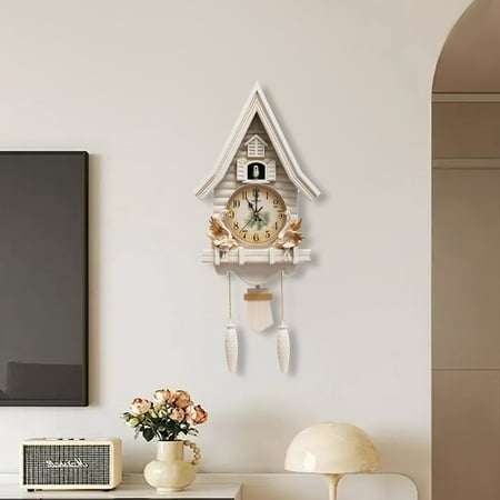 Cuckoo Wall Clock, Modern House Shape, Battery Operated with Adjustable Volume Chime, Silent Movement, 27 Tall, for Living Room Kitchen Decor, White
