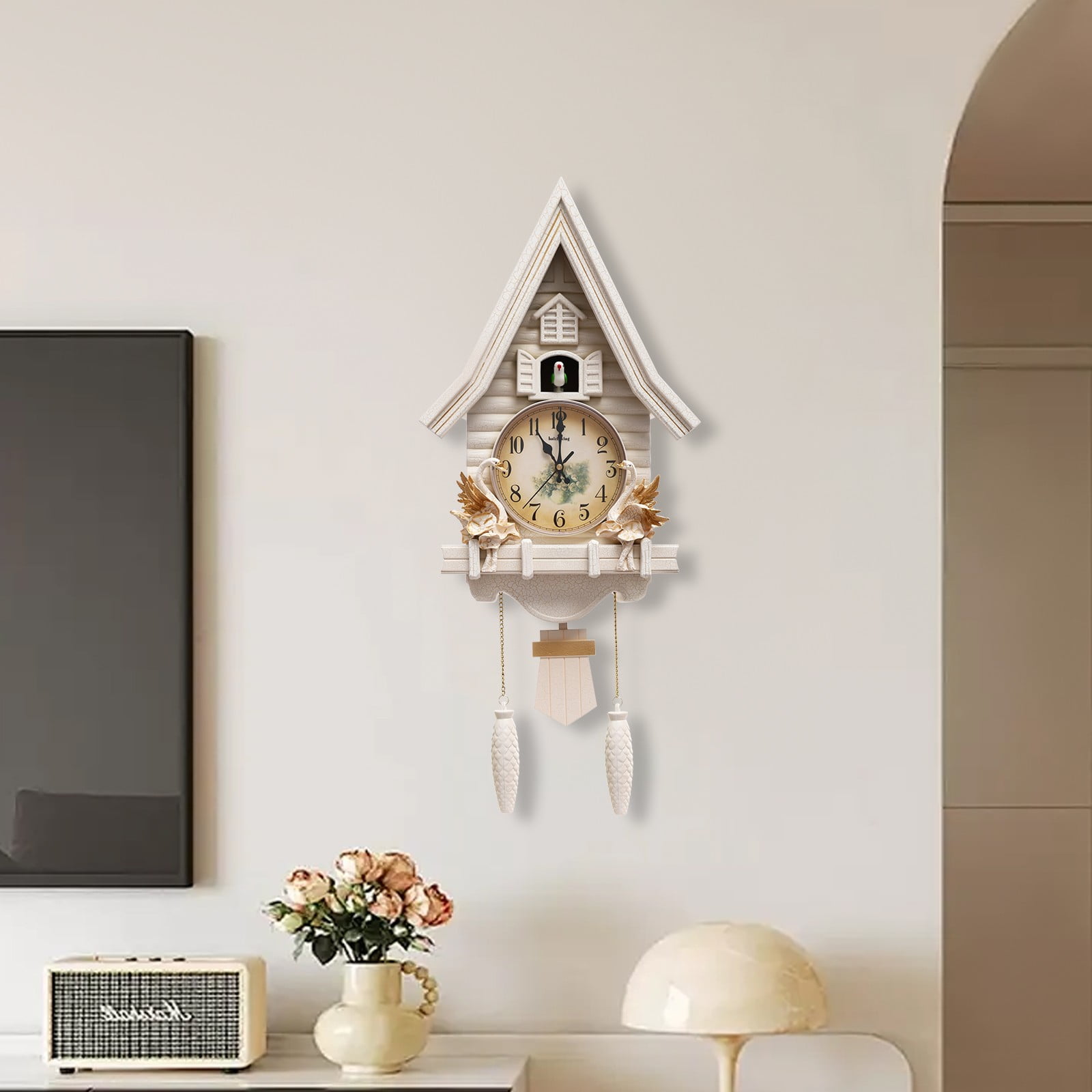Cuckoo Wall Clock, Modern House Shape, Battery Operated with Adjustable Volume Chime, Silent Movement, 27 Tall, for Living Room Kitchen Decor, White
