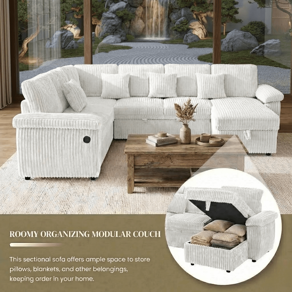 Howcool Modular Sectional Sleeper Sofa with Pull-Out Bed, U-Shaped Convertible 7-Seat Cloud Couch with Storage Chaise & USB Charging, Plush Corduroy Sectional for Living Room,Beige