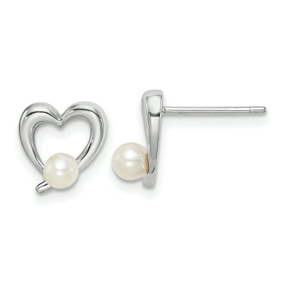 Primal Silver Sterling Silver Rhodium-plated 3-4mm White Round Freshwater Cultured Pearl Heart Earrings