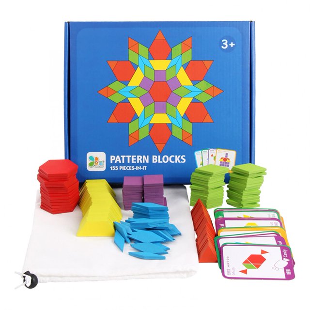 EQWLJWE Educational Puzzle Toys 155 Pcs Wooden Pattern Blocks Set featuring colorful geometric shapes like hexagons, triangles, and squares. Includes 24 reference cards with Montessori-inspired tangram patterns, a white storage bag, and a blue box with a vibrant star-shaped design. Ideal stacking and sorting toy for children aged 3 and older.