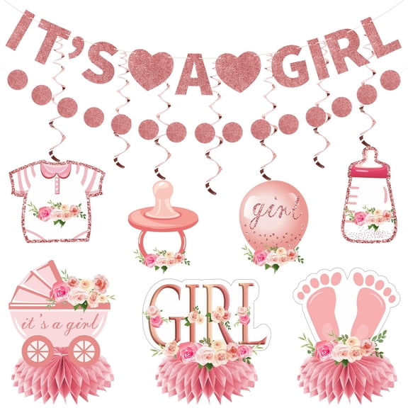 9PCS Pink Rose Gold Baby Shower Decorations Kit for Girl, Floral It's a Girl Gender Reveal Banner Table Centerpiece Hanging Swirls Set, Pregnancy Announcement Circle Dot Garland Banner Party Supplies