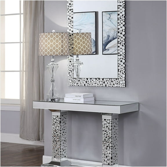 JERFIT Glam Mirrored Console Table with Faux Crystal Gems, Silver Entryway Sofa Table for Living Room
