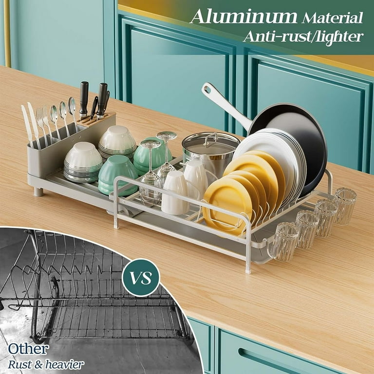  Aluminum Dish Drying Rack for Kitchen Counter - Rustproof  Large Dish Racks, Expandable Sink Dish Strainers with Utensil Holder and  Drainboard, Silver